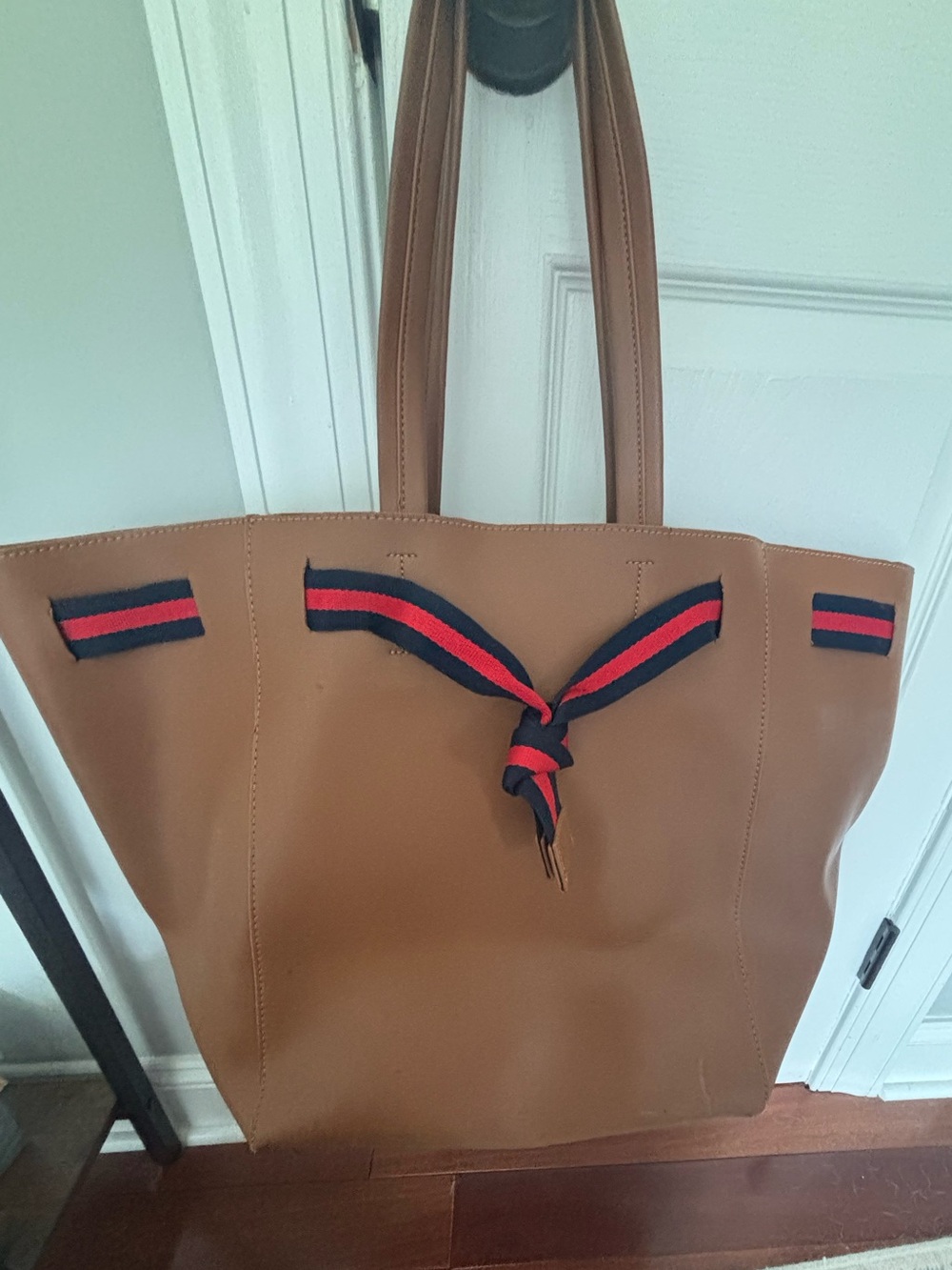 Moda Luxe Tan Tote with Navy & Red Ribbon Accents
